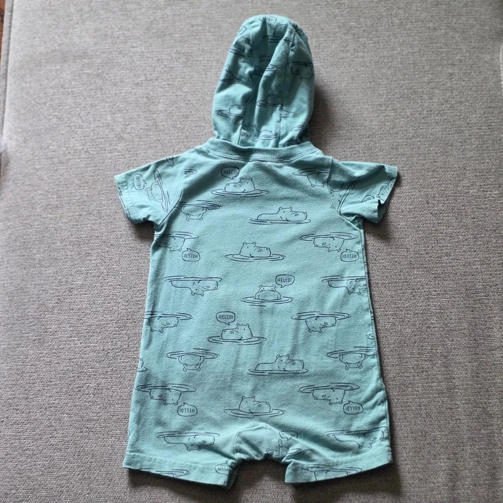 Carters Baby Boy Hippo Print Hooded Romper Teal Blue 12 Months Short Sleeve